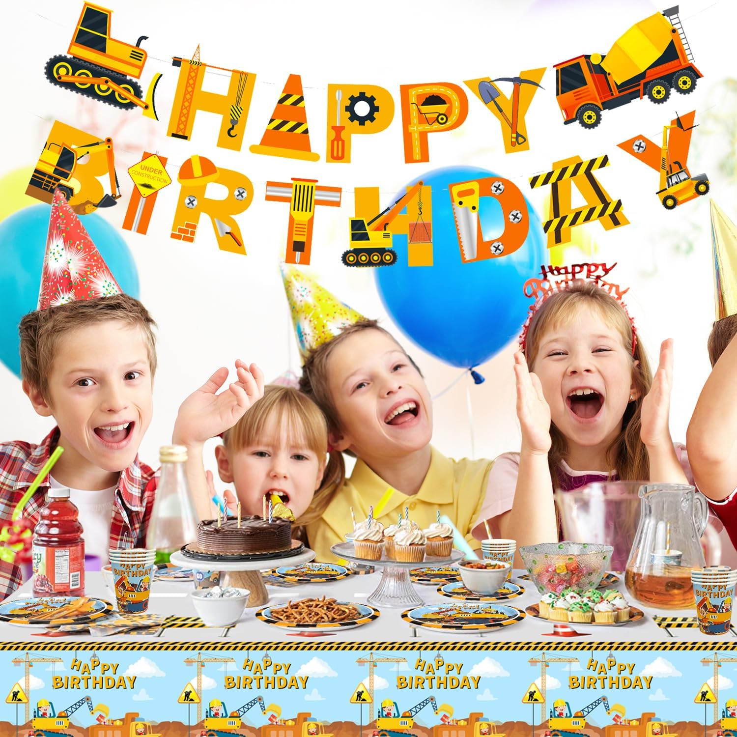 80Pcs Construction Party Supplies Tableware Set-Construction Birthday Party Plates Cups Napkins Tablecloth Banner Etc Construction Party Tableware for Dump Truck Excavator Construction Theme Party image number 4