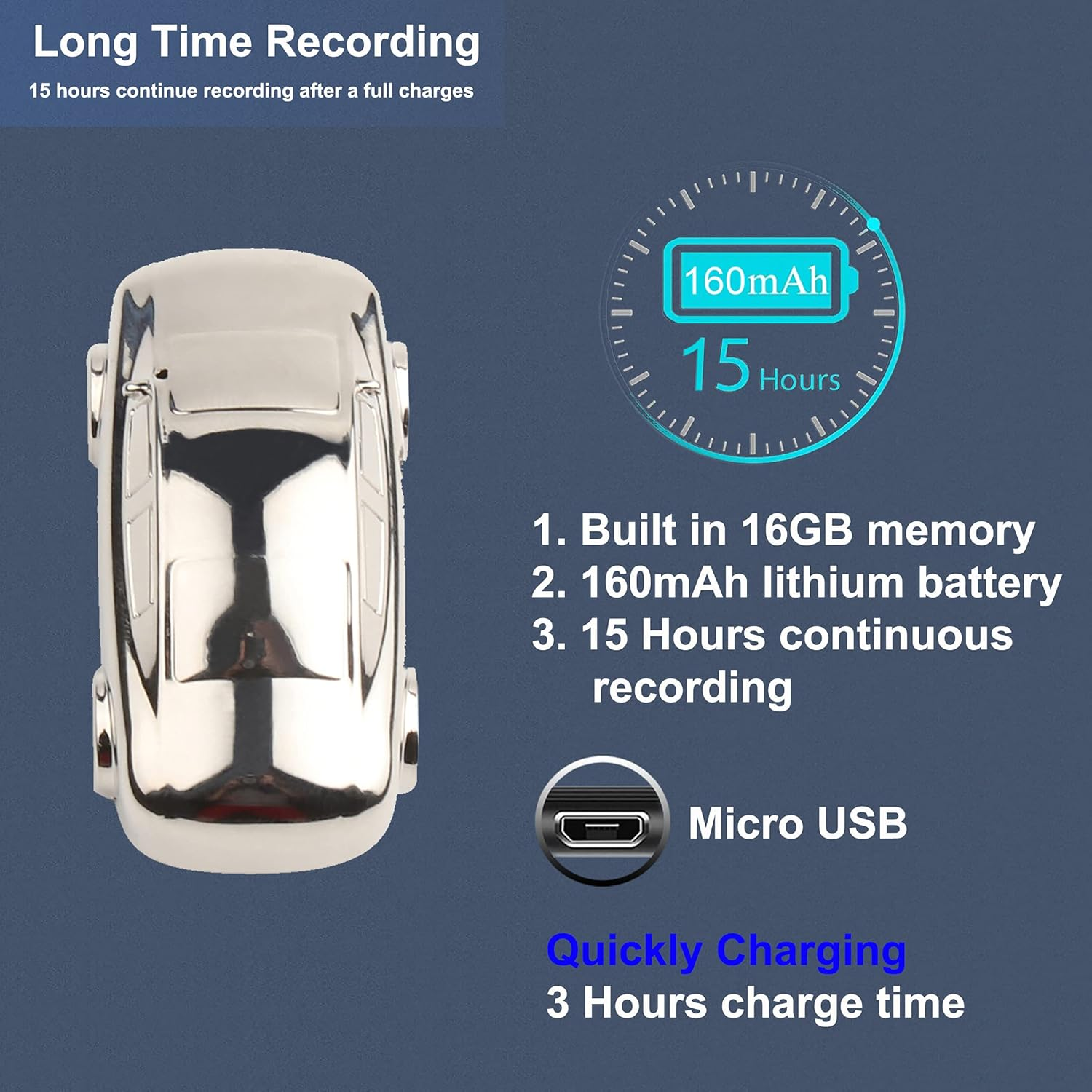 32GB Digital Voice Recorder - Voice Activated Portable Audio Recording Device for Office Use, Includes 3.5Mm Earphones for Playback, Stylish Car Model Design