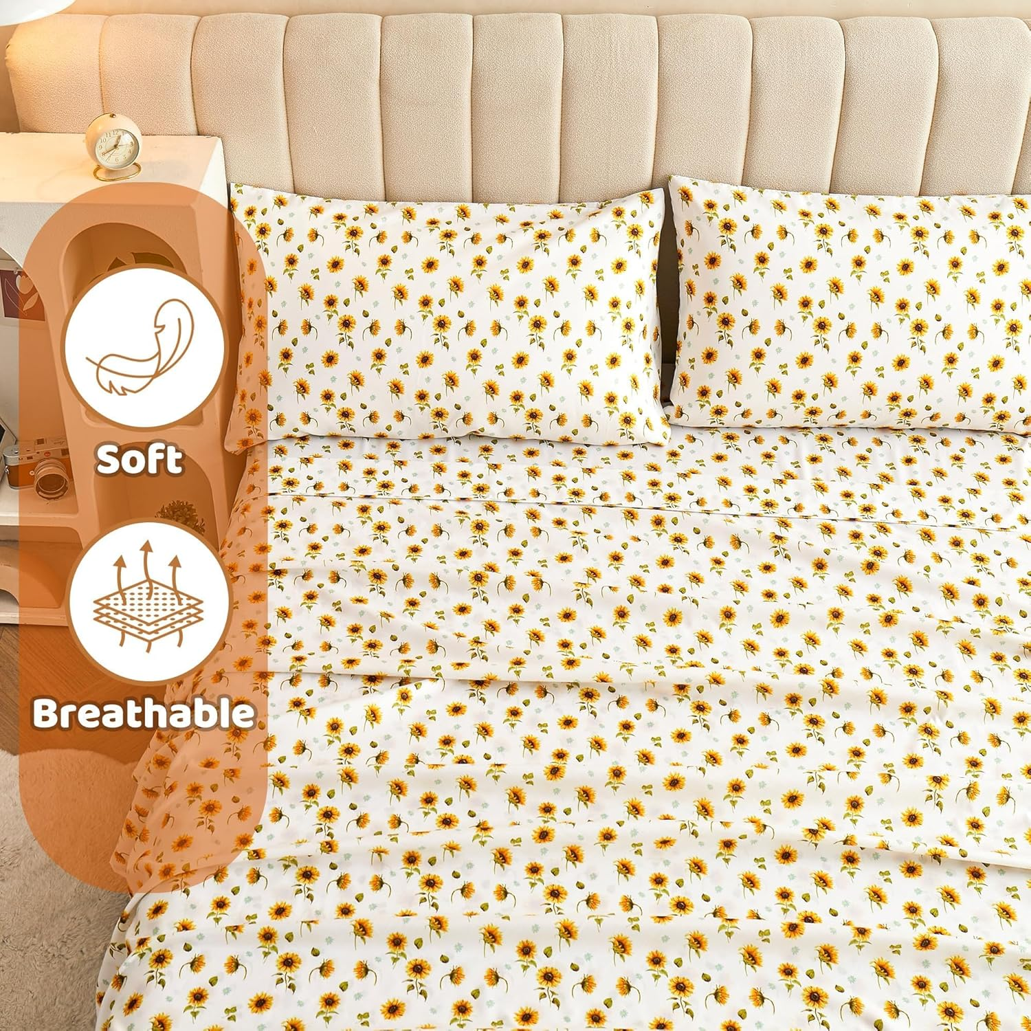 Weaveinbay Double Sheet Set, 38Cm Deep Pocket Ultra-Soft Microfiber Double Bed Sheets, Breathable & Cooling 4 Piece Sheet Set, Yellow Flower image number 6