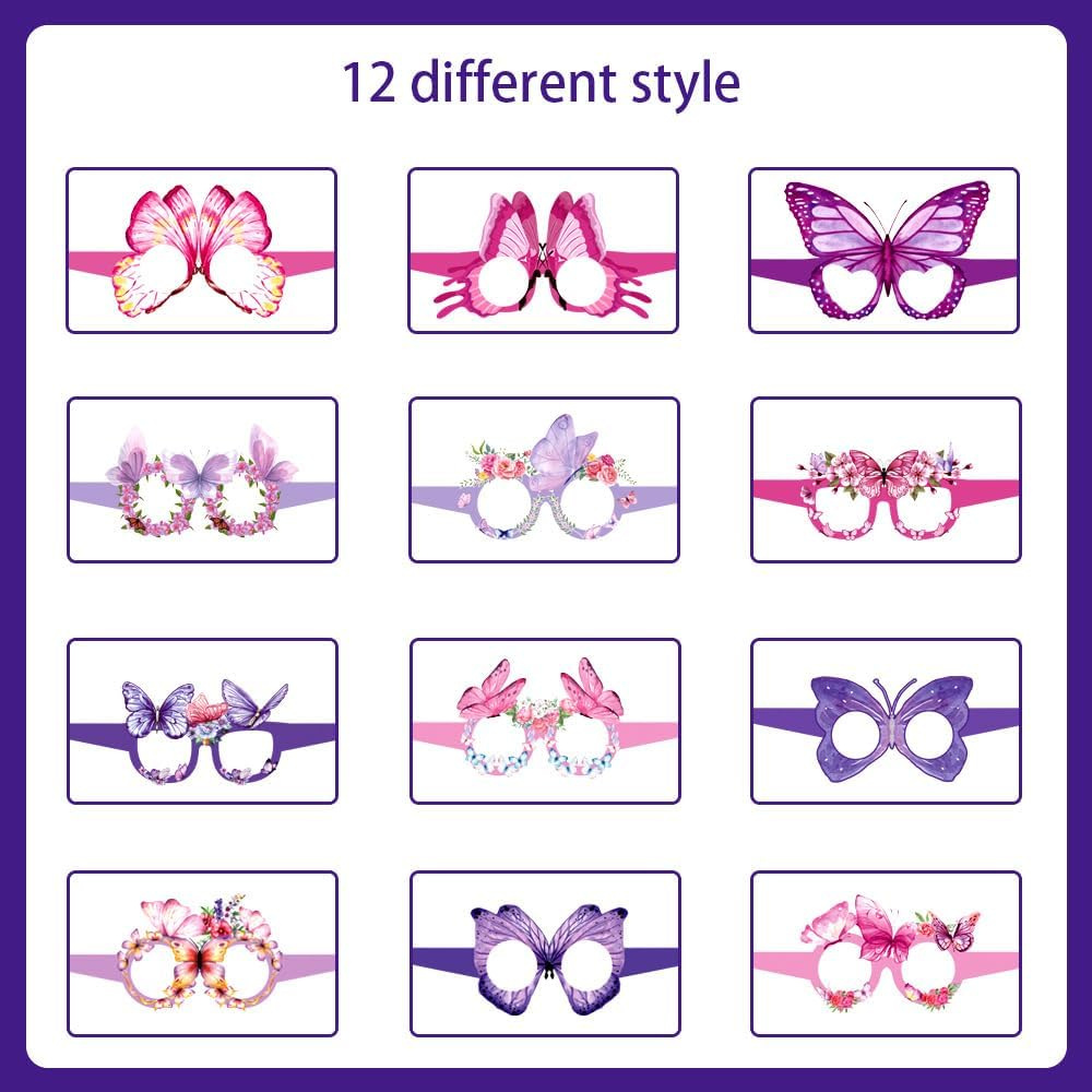 Butterfly Paper Glasses Party Decorations, Photography Props, 12 Pack, Pink and Purple image number 2