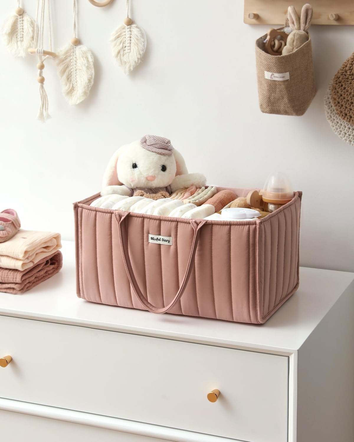 Blissful Diary Baby Nappy Caddy Organiser, Stylish Baby Diaper Caddy Storage Basket for Newborn Essentials and Diaper Station, Blush Pink - Sage Green image number 6