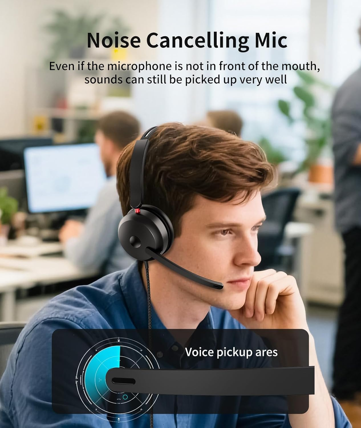 USB Headphones with Noise Cancelling Microphone, Wired On-Ear Office Headsets for Pc/Laptop, Line Control & Soft Earmuffs for Call Center, Video Conferencing, Remote Work, USB-C & USB-A & 3.5MM Aux image number 6