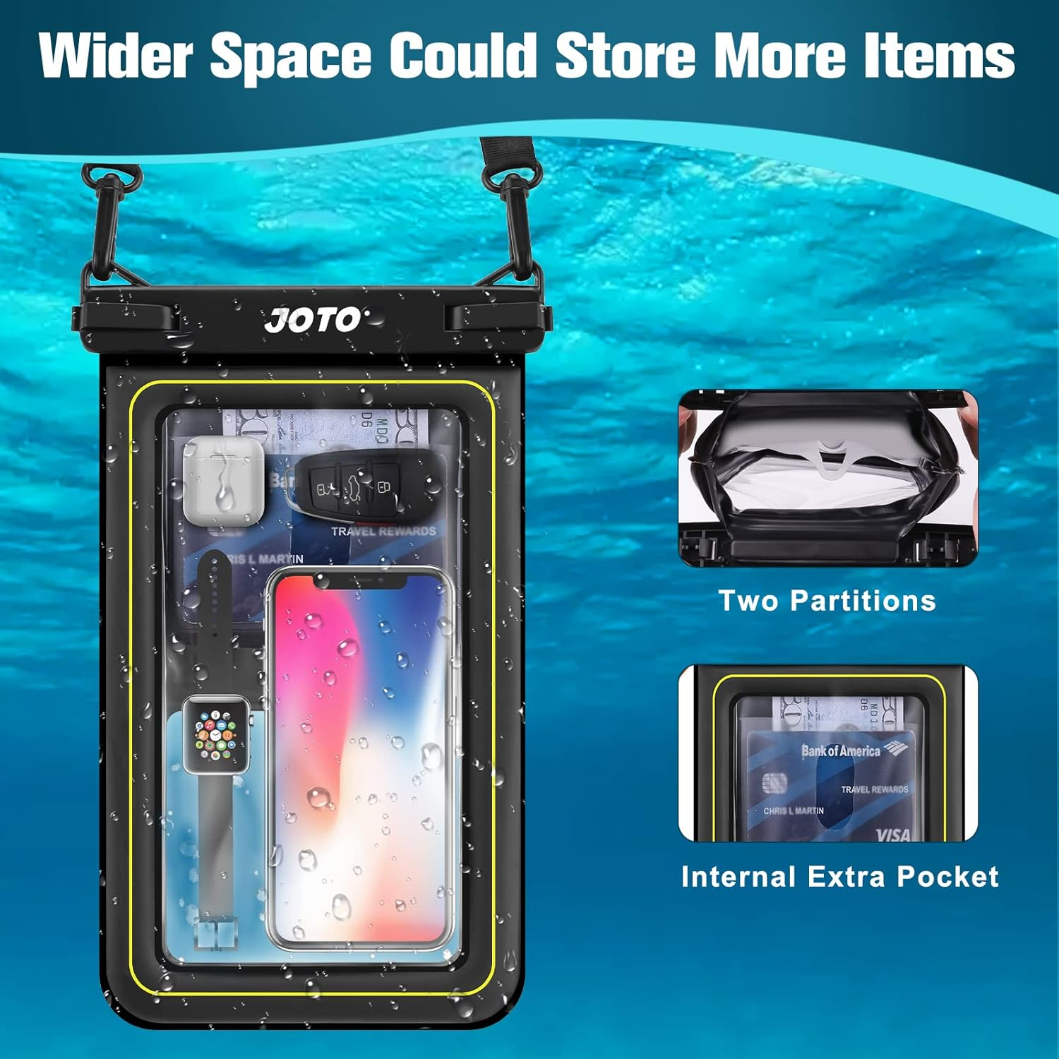 JOTO IP68 Large Waterproof Floating Phone Pouch, Float Dry Bag Cellphone Holder Case for Iphone 17 16 15 14 13 12 11 Air Pro Max Galaxy S24 S23 Ultra S22 S21 Wallet for Cash Card Watch -Black - Grey image number 3