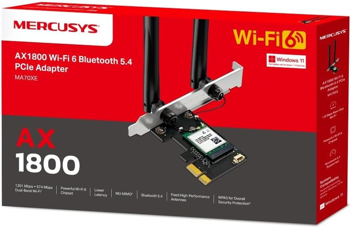 Mercusys AX1800 Wi-Fi 6 Bluetooth 5.4 Pcie Adapter, Dual Band, Faster Speed & Broader Coverage, WPA3 Security, Two High-Performance Antennas, Backward Compatibility, Windows 10, 11 Compatible (MA70XE)