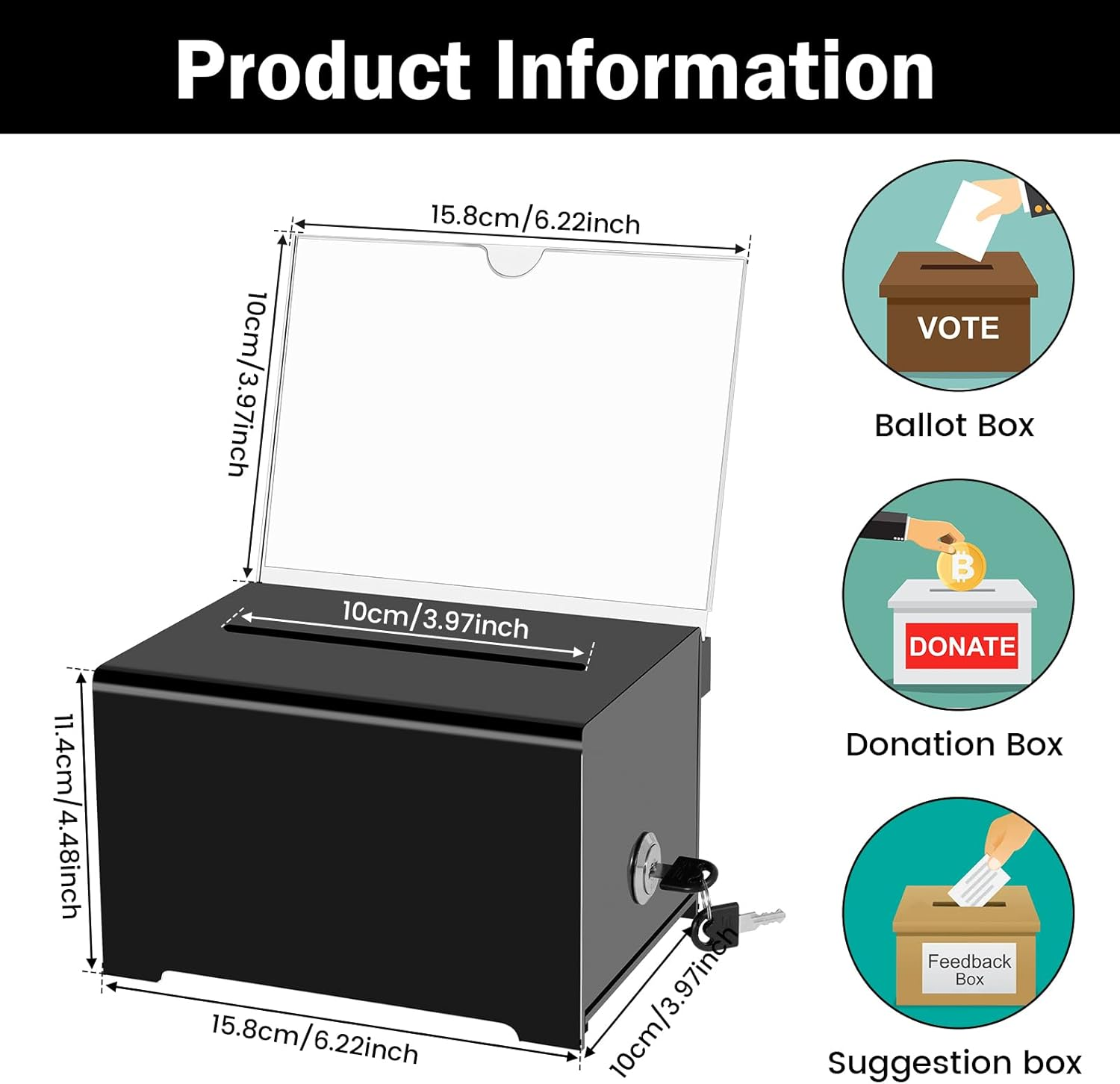 Acrylic Donation Box with Lock Clear Ballot Box with Removable Sign Holder 6.25&times;4.5&times;4 Inch Suggestion Box Storage Container with Keys Reusable Raffle Box for Fundraising Voting Charity Ballot image number 1