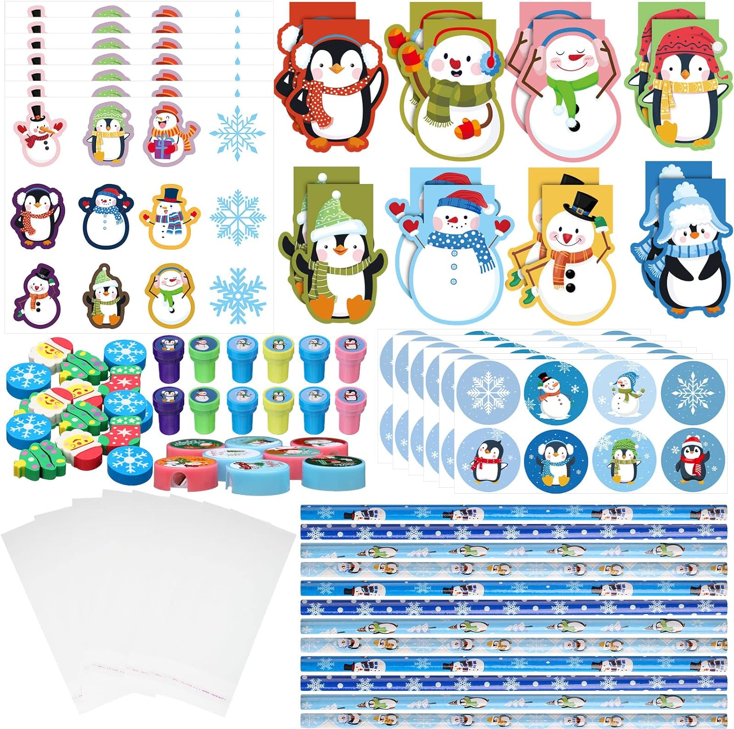 192 Pieces Christmas School Stationery Set Xmas Classrooms Exchange Stationery Gifts Party Favors Class Reward Prizes Notebooks Pencils Sharpener Erasers Stickers Stamps for Party Supplies (Snow) image number 1