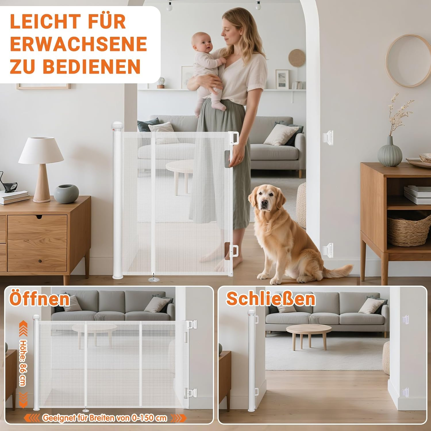 Ycozy 150Cm Retractable Baby Gate for Pet Child with Reinforced Bar Design to Prevent Crawling through 86Cm Tall Mesh Dog Safety Gate for Stairs Doorways Indoor image number 1