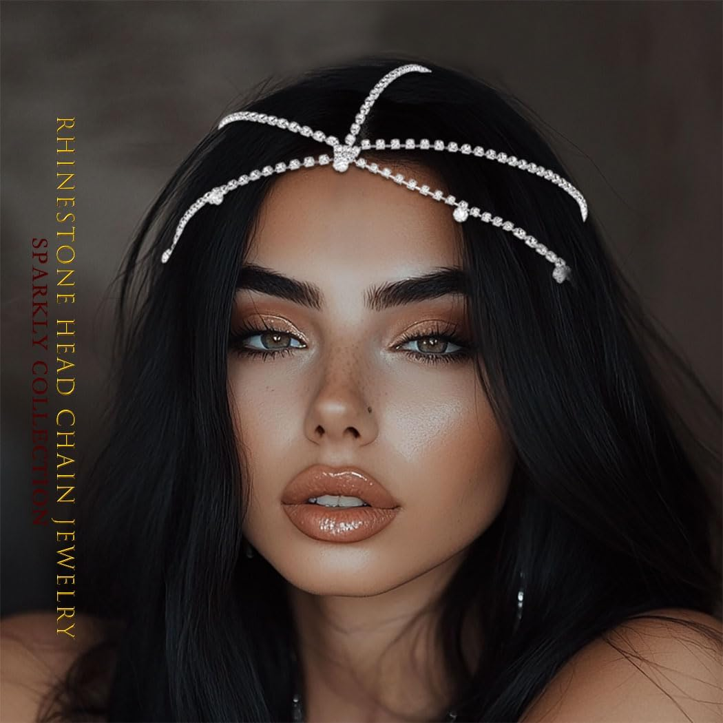 Fdesigner Crystal Head Chain Wedding Headpieces Rhinestone Bride Hair Jewelry Boho Party Teardrop Headband Hair Accessories for Women and Girls (Silver-Boho) image number 5