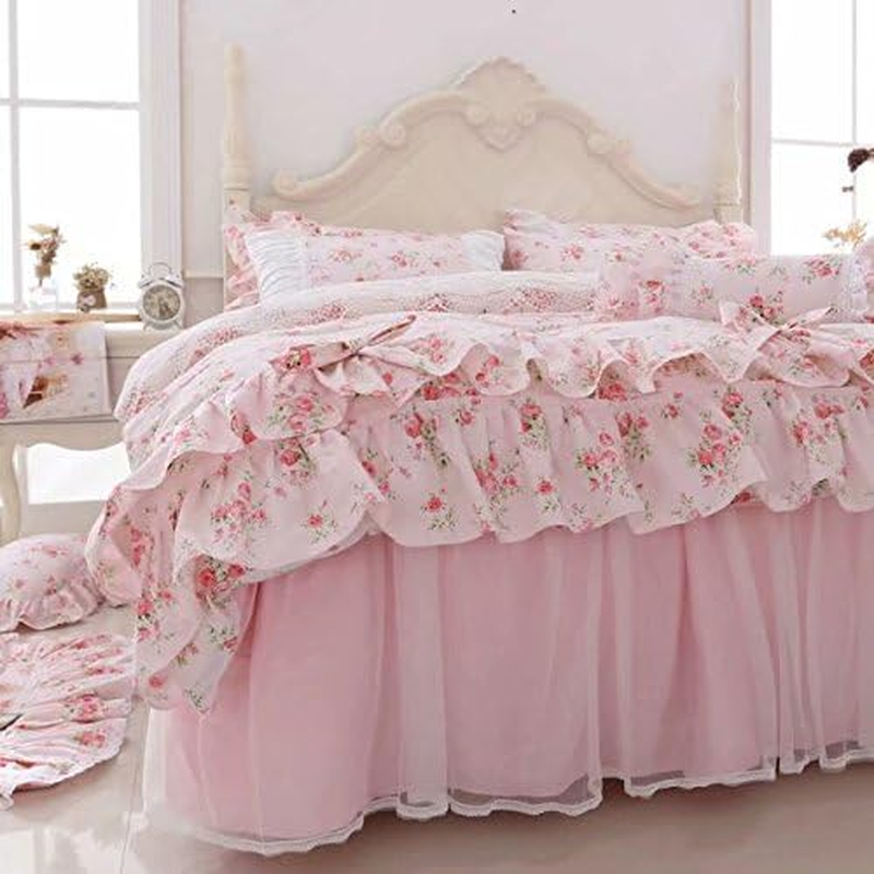 LELVA Romantic Roses Print Duvet Cover Set with Bed Skirt Pink Lace Ruffle Floral Shabby Chic Bedding Sets Twin 4 Piece image number 1