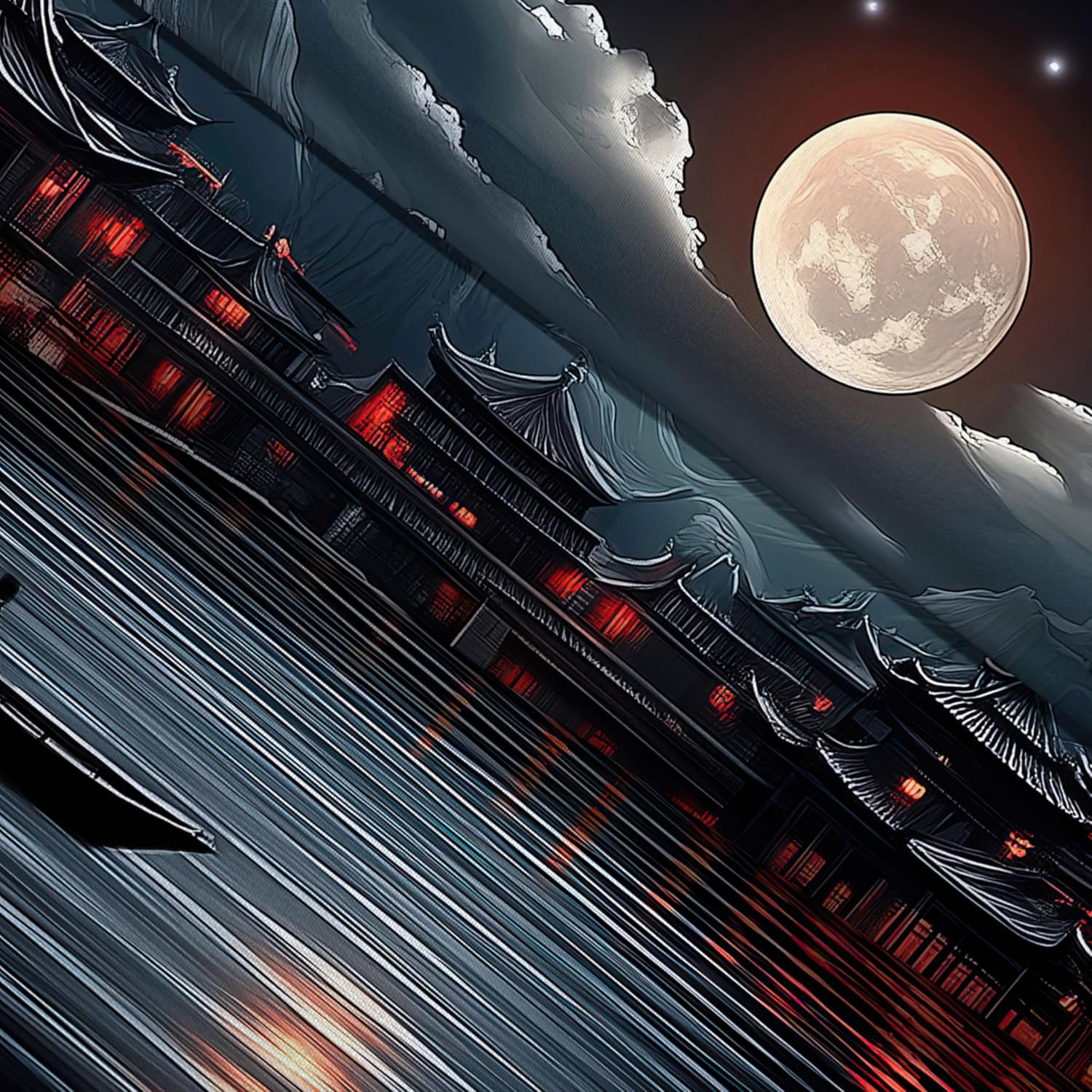 GOAOK Japanese Anime Tapestry, Cool Red and Black Dark Nature Mountain Riverside Full Moon Landscape Aesthetic Tapestry for Men, Asia Japanese Art Tapestries for Bedroom Living Room College, 60"X40" image number 2