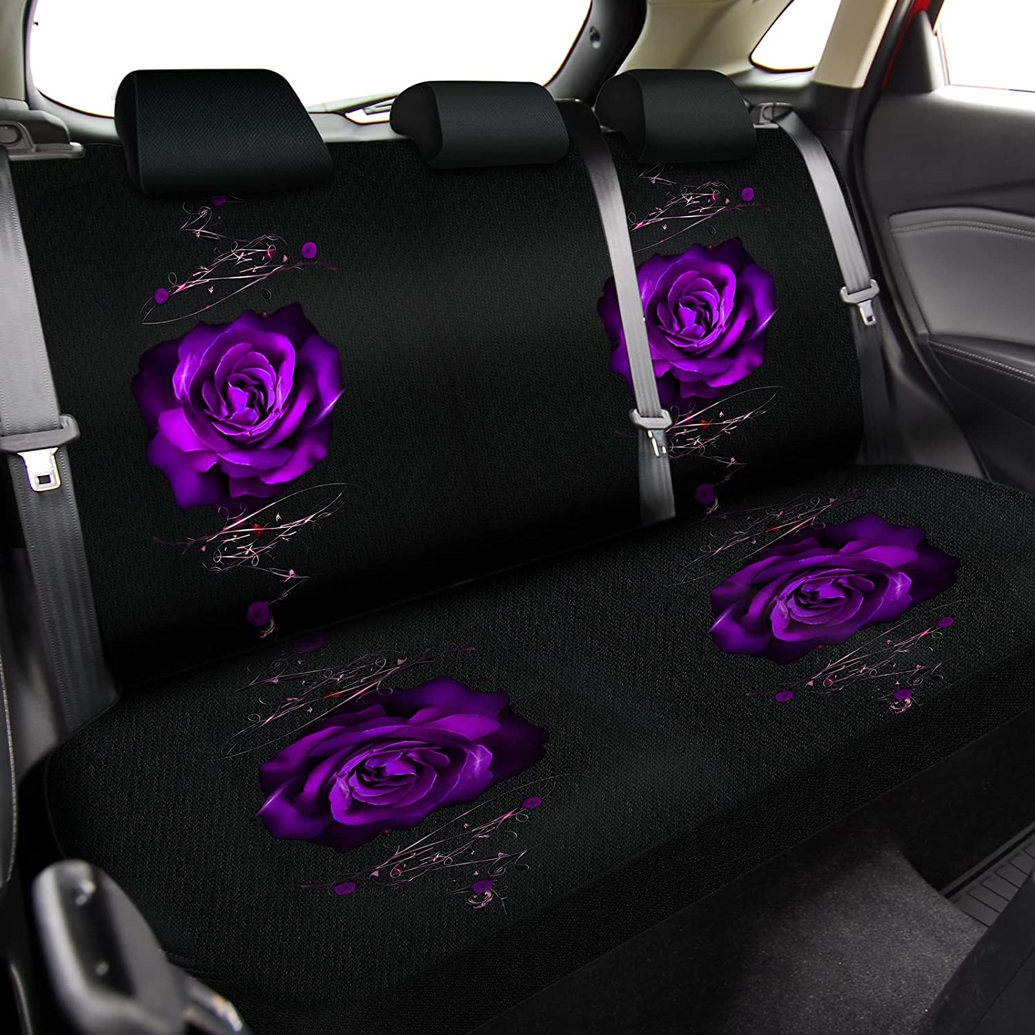 15 Pcs Rose Art Flower Car Seat Covers Full Set for Women Rubber Steering Wheel Cover Armrest Cover Seatbelt Covers Polyester Fabric Front Seat Rear Backrest Cover Bottom Cover Universal (Purple) image number 5