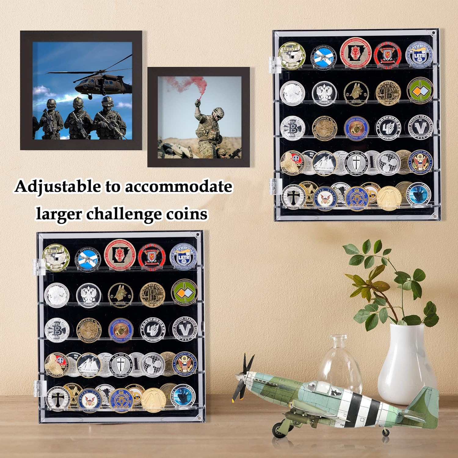 Military Challenge Coin Display Case Lockable Cabinet Rack Holder Shadow Box with Removable 2 Grooves Shelves and anti Fade Acrylic Glass Door for Casino Poker Chips Collectibles Black image number 5