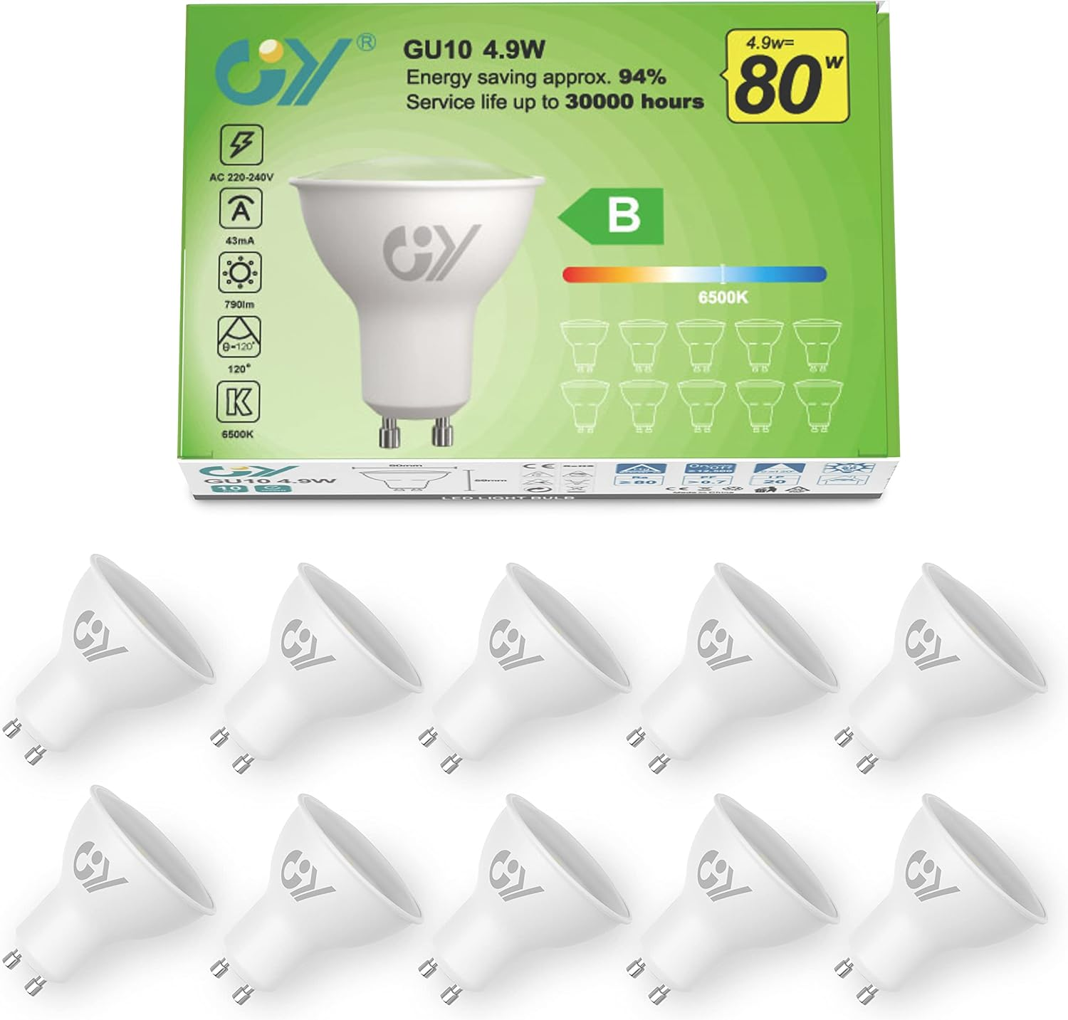 GY GU10 LED Bulb 4.9W 790Lm Cool White 6500K Energy Saving LED Bulb, Energy Efficiency Class B Replaces 80W, 110&deg;Beam Angle Non-Dimmable, 10 Pack - Gu10-4.9W-3000K image number 7