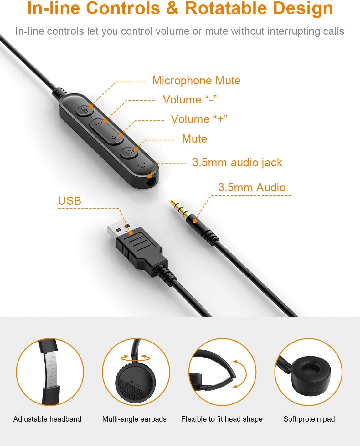 USB Headset New Bee Computer Headset In-Line Call Controls Office Headset with Noise Cancelling Micphone Call Center Headset for Skype, Zoom, Laptop, Phone, PC, Tablet, Home image number 2