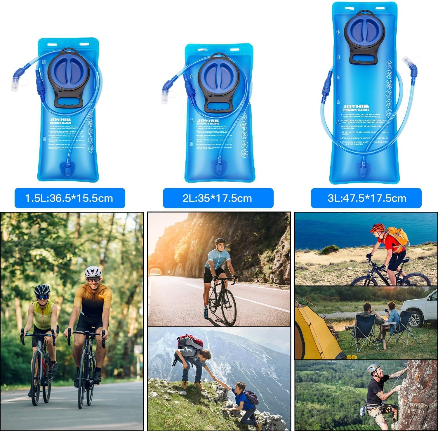 JOYHILL TPU Hydration Bladder,1.5L 2L 3L Water Bladder for Hiking Backpack BPA Free Leak Proof Hydration Pack for Camping Running Biking Hiking