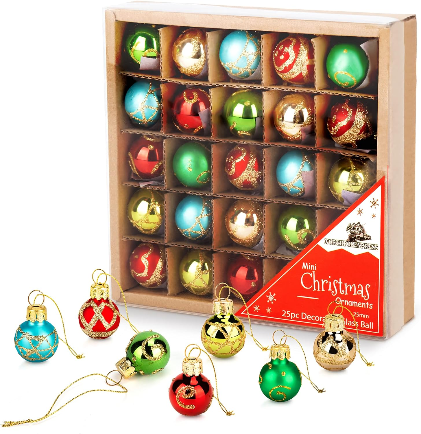 1 Inch Mini Vintage Multi Color Glass Ball Christmas Ornaments Set of 25 Balls | Miniature Christmas Tree Ornaments | Rustic Christmas Decorations | Mini Christmas Tree Decorations for Small Trees image number 5