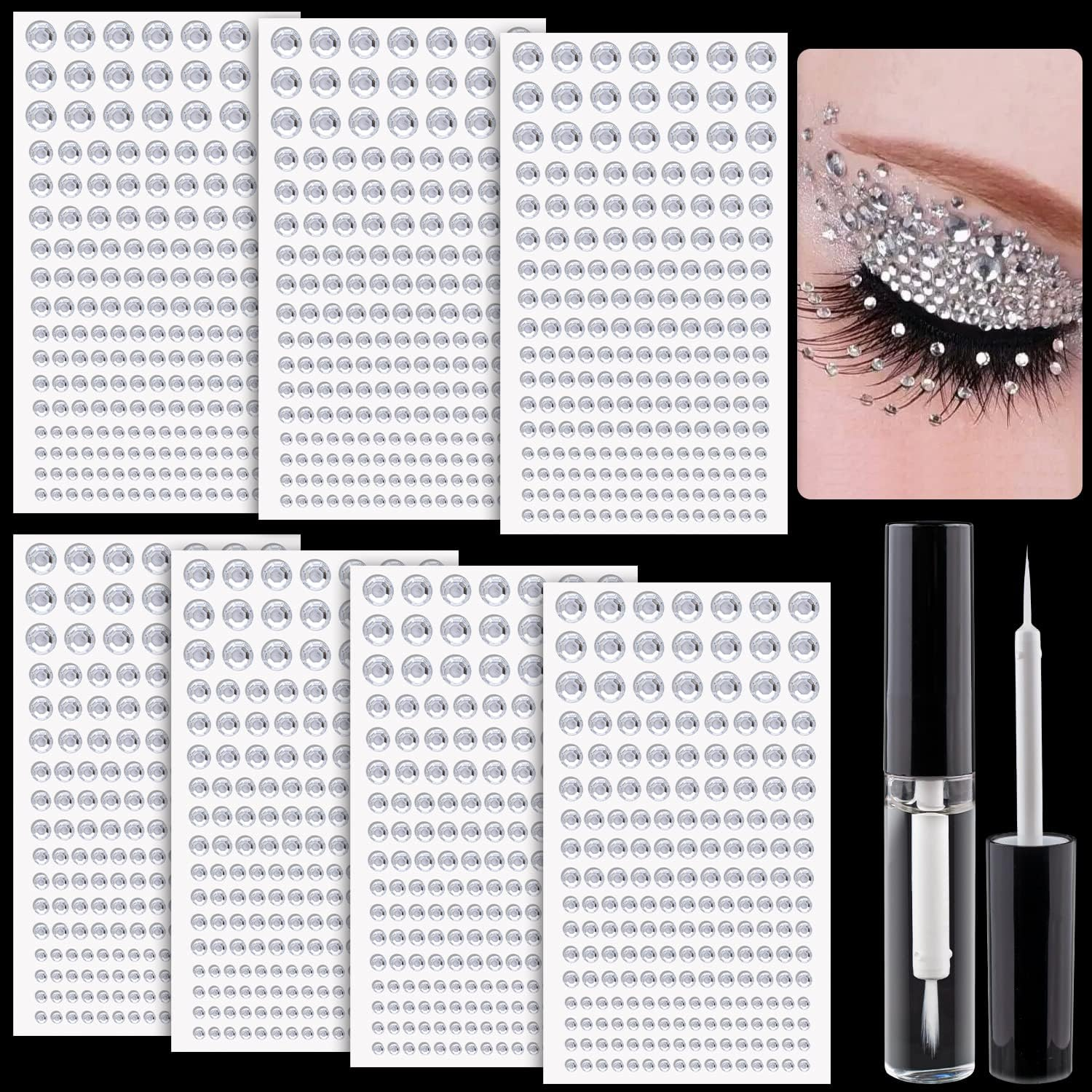 2758 Pcs of Rhinestone Stickers 3/4/5/6/8Mm Clear+Laser Self Adhesive Face Gems, Stick on Body Crystal Jewels with Quick Dry Makeup Glue for Face Eye Hair Nails Make up and Craft DIY Decorations