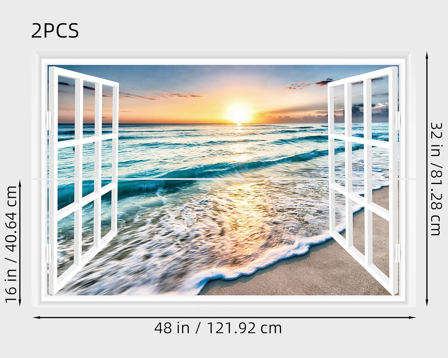 FLFK Fake Window Wall Sticker - Sunset Beach Faux Window Wall Mural for Wall Decor, Stick and Peel Wall Decals, 48"X32", Set of 2 Sheets image number 3