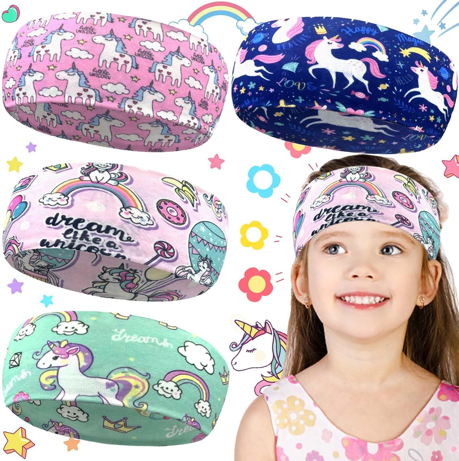 Soundzero Pack of 4 Children'S Elastic Hair Bands, Girls' Unicorn Headband, Hair Bands, Women'S Soft, Multicoloured Girls Headbands, Hair Band Girls, for Children 6-15 Years, Sports, Leisure (Unicorn)