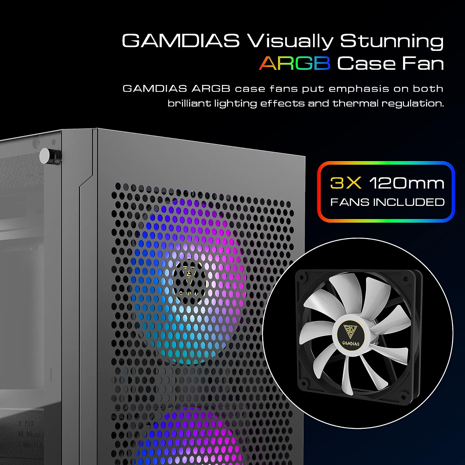 GAMDIAS RGB Gaming ATX Mid Tower Computer PC Case with Side Tempered Glass Panel and a Magnetic Dust Filter & 3 Built-In 120Mm ARGB Fans image number 5