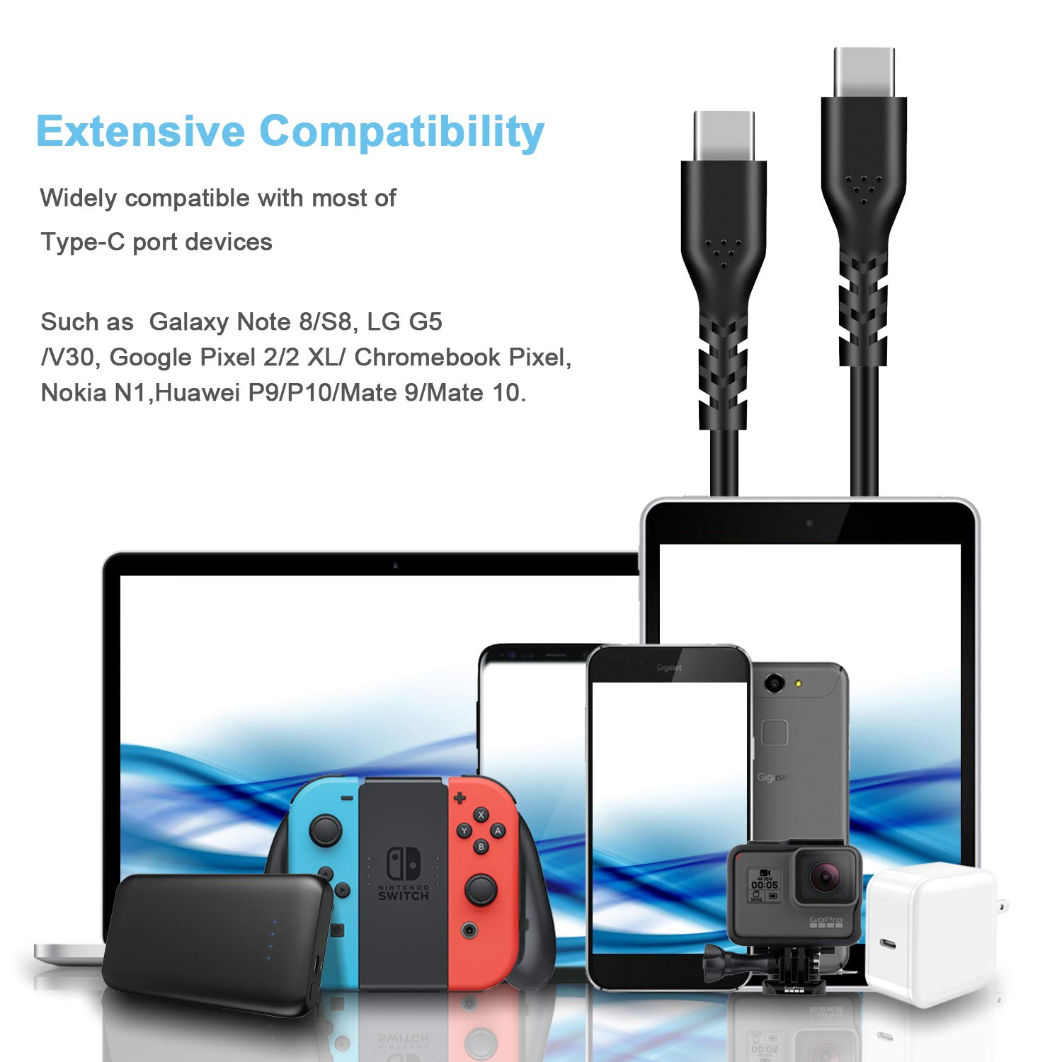 Fasgear 3 Pack USB C to USB C 2.0 Cable, 60W PD, 30Cm, 1M, 1.8M, Black, Compatible with Macbook, Chromebook, Galaxy S20 Ultra/S10, Huawei P40, Xiaomi 10 image number 5