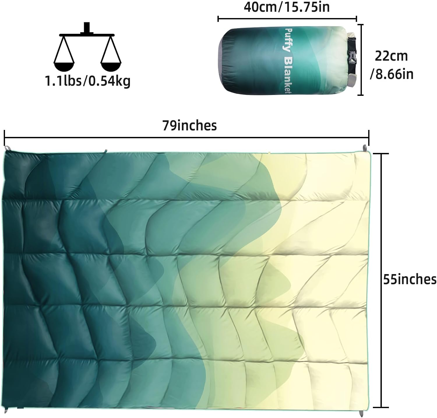 Outdoor Puffy Camping Blanket, Lightweight down Alternative Puffy Printed Camping Large Ultra Warm Hammock Top Quilt Waterproof Blanket for Traveling Picnic Beach Party Cold Weather (Green Mountain) image number 2