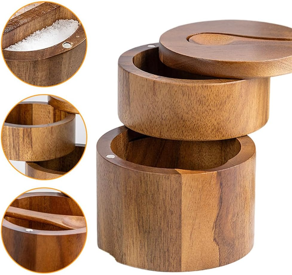 Wooden Salt Cellar,Salt Cellar with Spoon and Magnetic Swivel Lid,Kitchen Seasoning Bottle,Salt Box Storage Seasoning Jar,Salt Container Holder,For Seasoning Storage image number 3