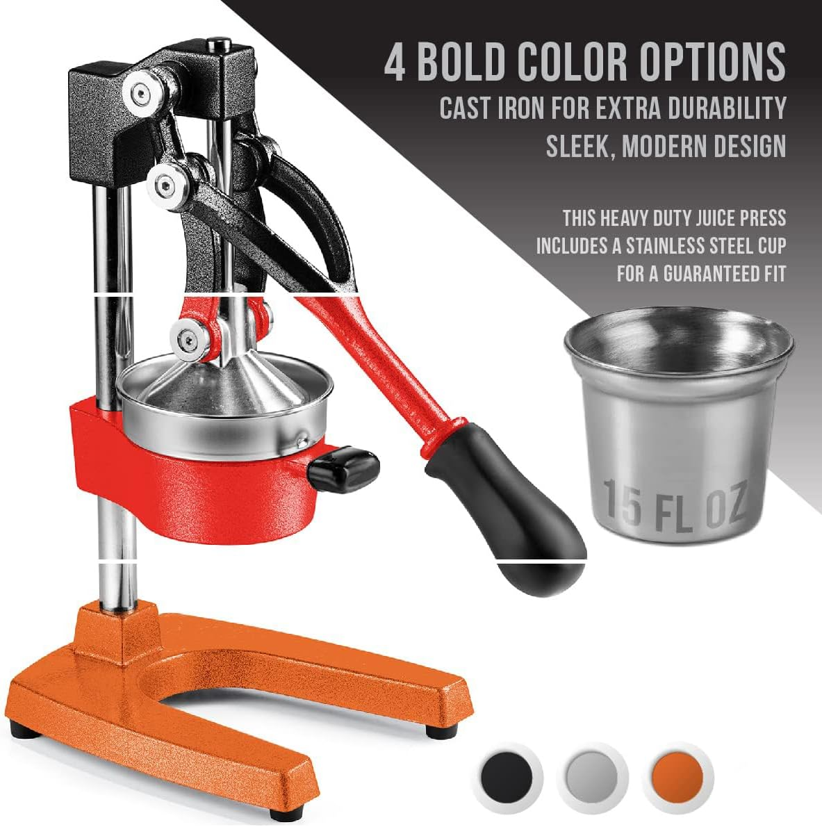 Homodoskey Cast Iron Citrus Juicer | Extra-Large Commercial Grade Manual Hand Press | Heavy Duty Countertop Squeezer for Fresh Orange Juice (Bonus Stainless Steel Cup) (Gray)