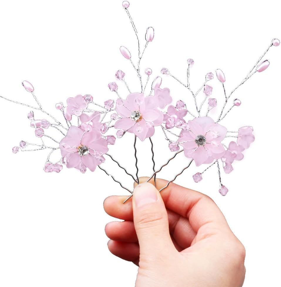 2X Bridal Wedding Flower Clips Hair Pins Bridesmaid Crystal Hair Pearls Accessories Purple