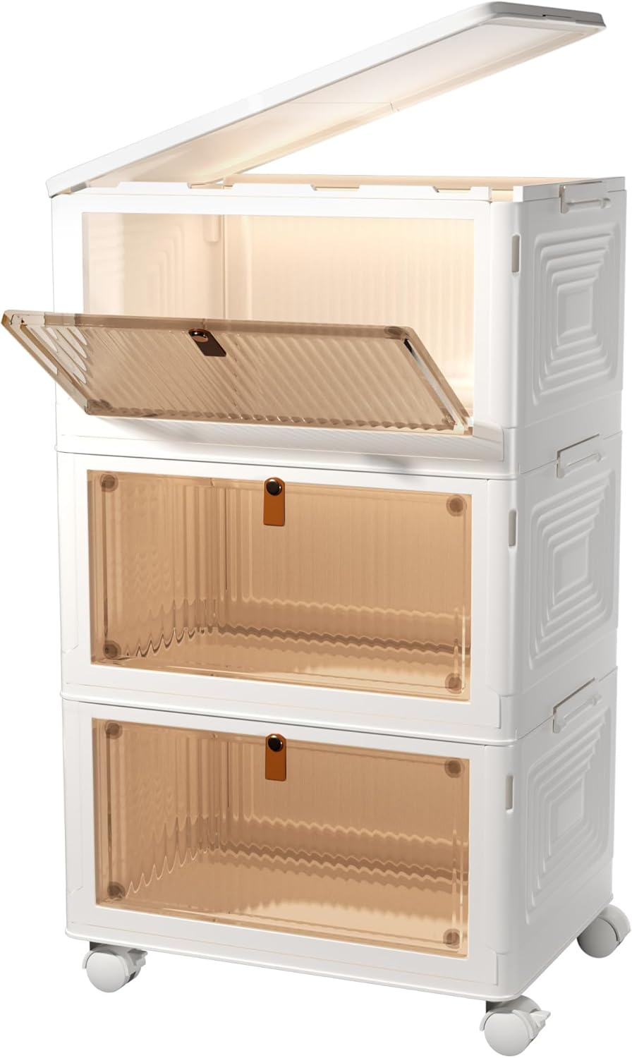 3 Tier Stackable Plastic Storage Bins with Lids and Wheels -Totally 69 Litres Closet Organizers and Storage Box, Foldable Storage Containers for Home, Pantry, Office, Dorm Room image number 6