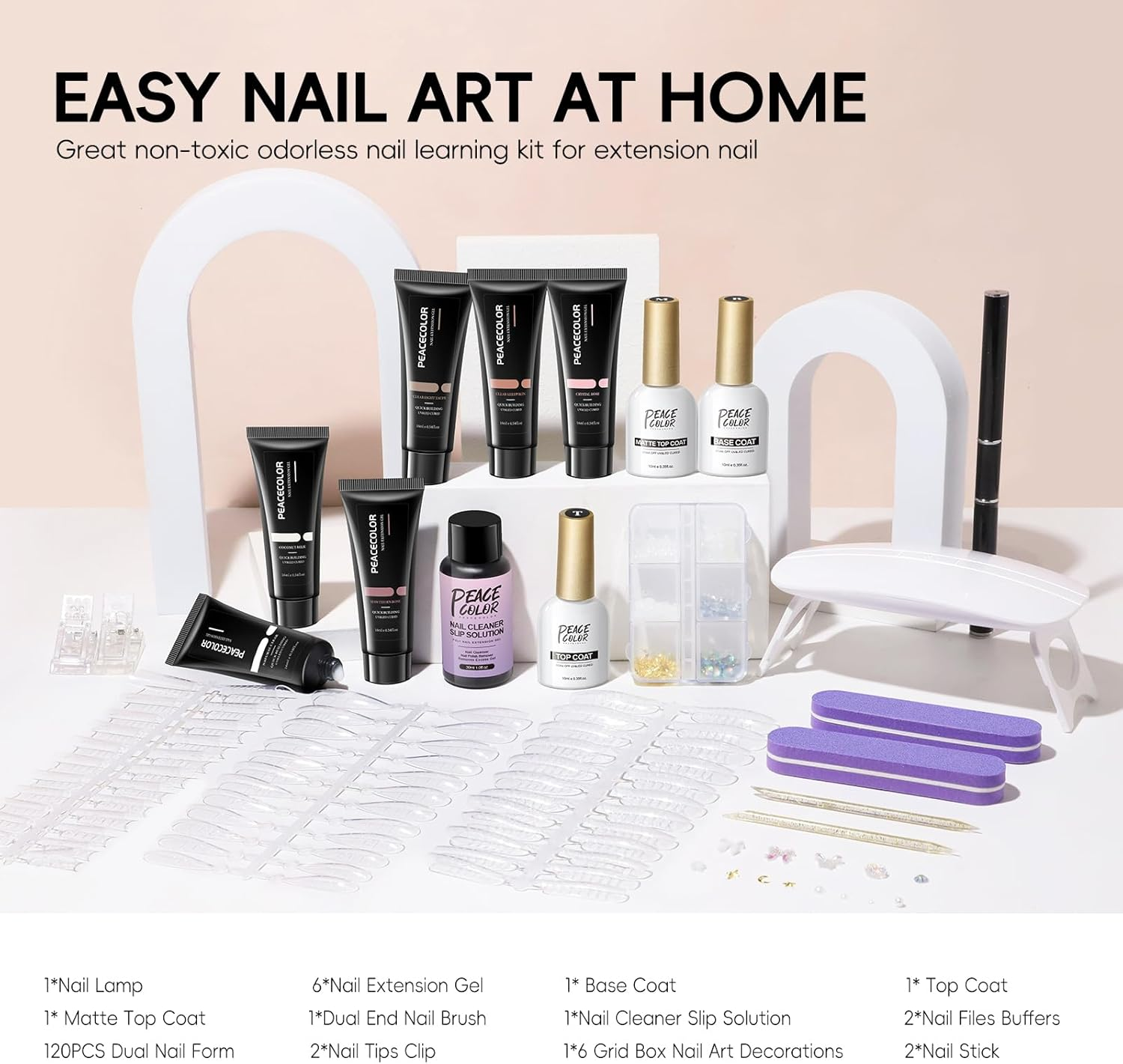 PEACECOLOR 24Pcs Poly Nail Gel Kit with U V Light 6 Colors Clear Pink Nude Poly Extension Gel with Glossy/Matte Top Coat Nail Rhinestones Starter Kit DIY Home Gifts for Women image number 3