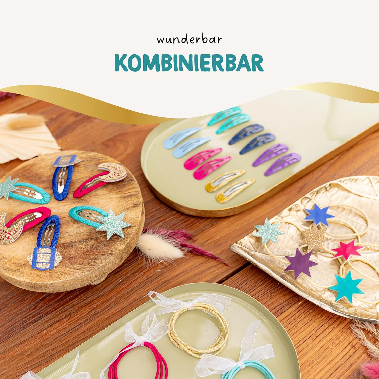 Papierdrachen Special 48 Hair Clips and Hair Bobbles 1001 Night - Durable and Robust - Children'S Sparrows with Glitter and Fabric Cover - Hair Accessories - for Long and Fine Hair - Set of 12 image number 6