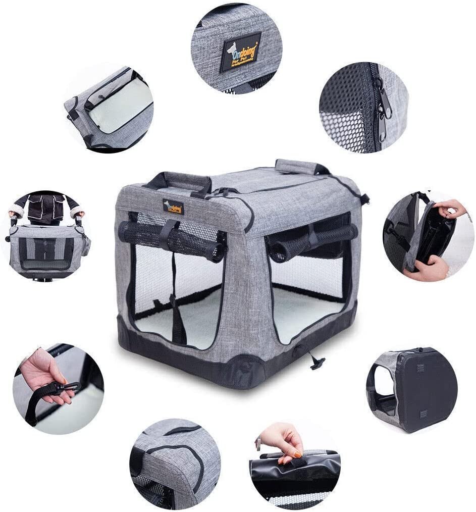 Ondoing Foldable Dog Crate, Portable Pet Outdoor Carrier, Car Travel Cage, Kennel with Mat, Transport Cage, Folding Dog Crate for Traveling, Multifunctional, Heavy Duty, Grey, 50X34X34Cm