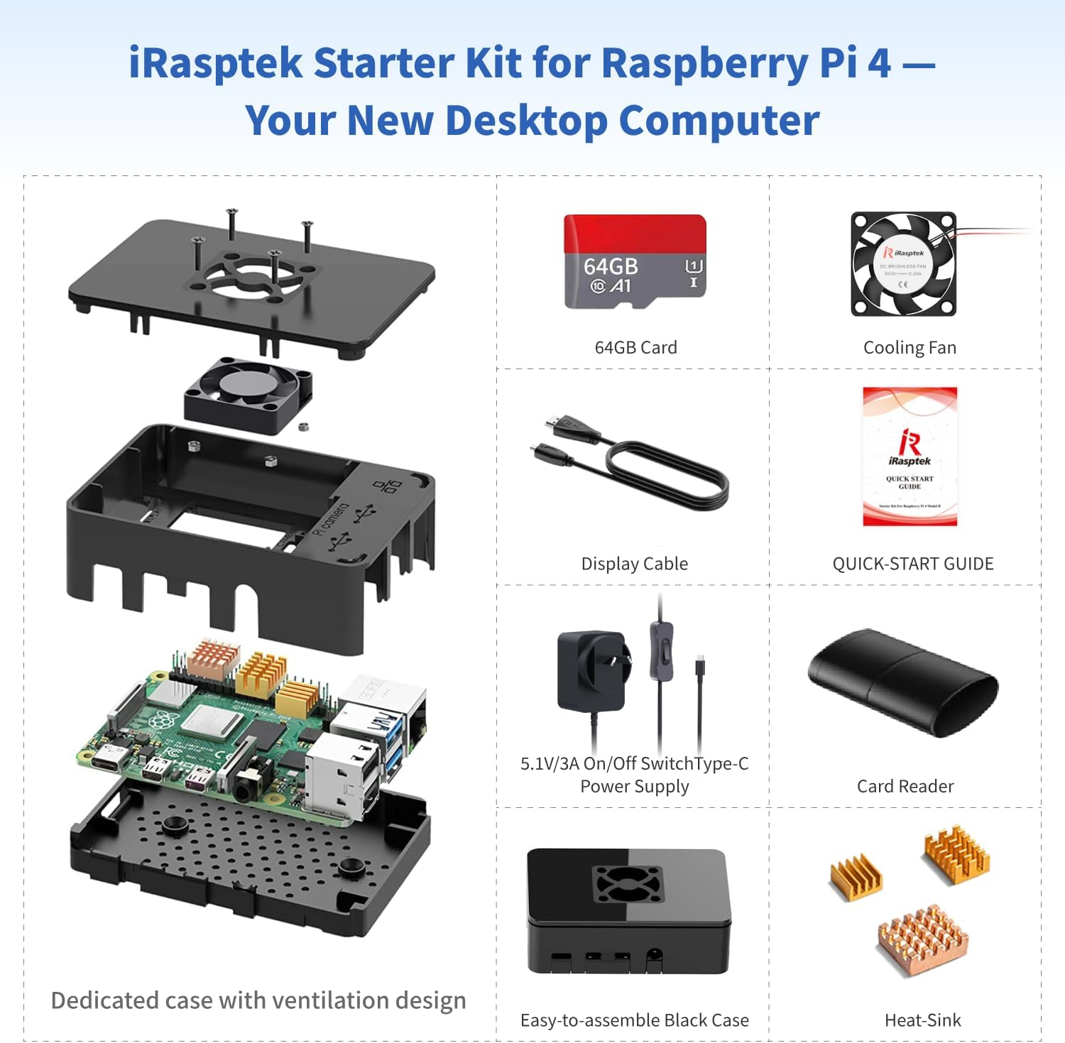 Irasptek Starter Kit for Raspberry Pi 4B 8GB Ram-Pre-Loaded with 64GB Edition image number 6