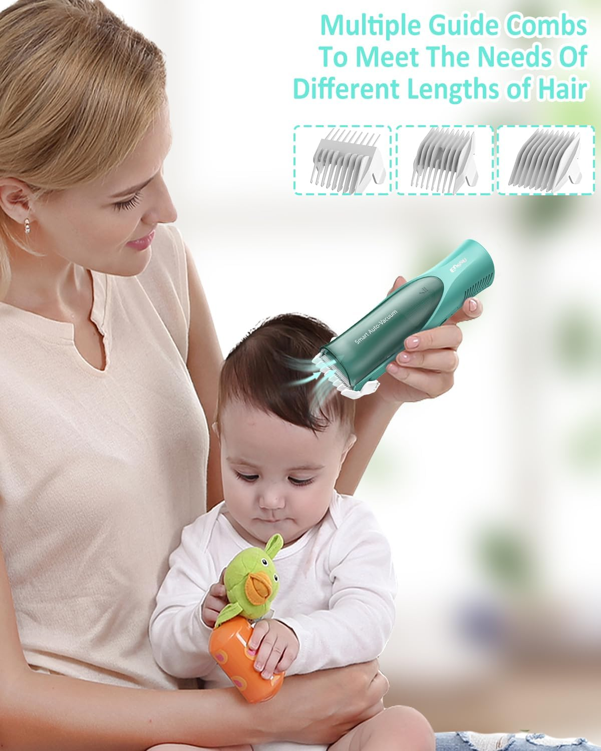 ENSSU Baby Hair Clipper,Vaccum Hair Clippers for Kids/Toddlers,Cordless Baby Hair Cutting Kit with Two Modes,Baby Hair Trimmer Haircut Machine in Large Hairs Storage Space,Rechargeable,Waterproof image number 3