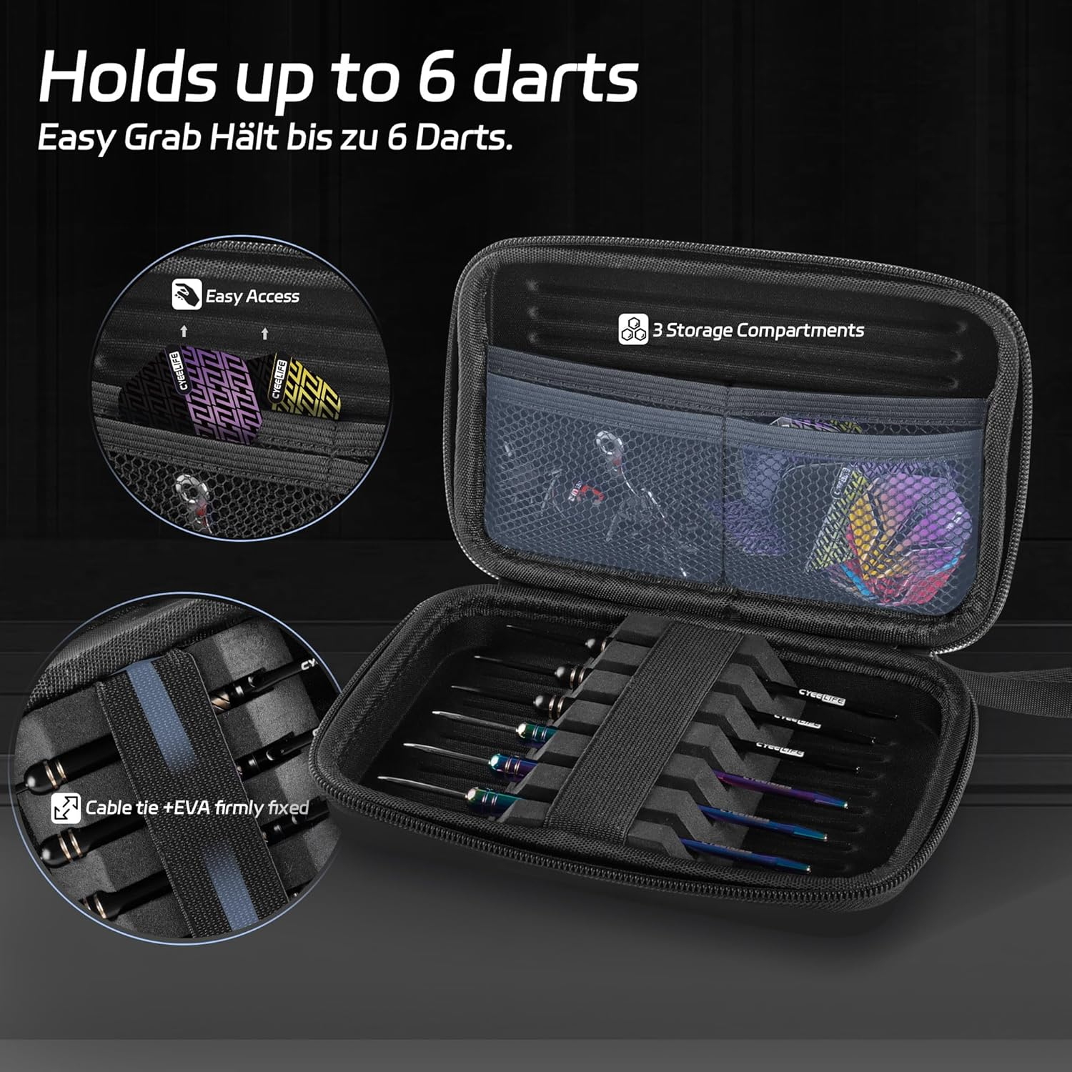 Cyeelife Pro Steel Tip Darts Set &ndash; 20G Brass Darts Gift Set with Dart Case | Includes 6 Aluminum Shafts, 12 Flights, 20 O-Rings, 2 Protectors, Sharpener & Tools for Beginners or Professionals image number 3