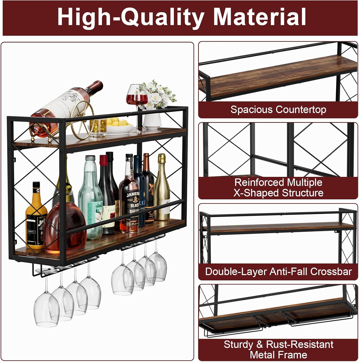 NEYCIL Wine Rack Wall Mount 2 Tier Wall Wine Rack with Glass Holder, Anti-Drop Crossbar, 31.5 Inch Metal Wine Rack for Home Kitchen Dining Room Bar, Black image number 4