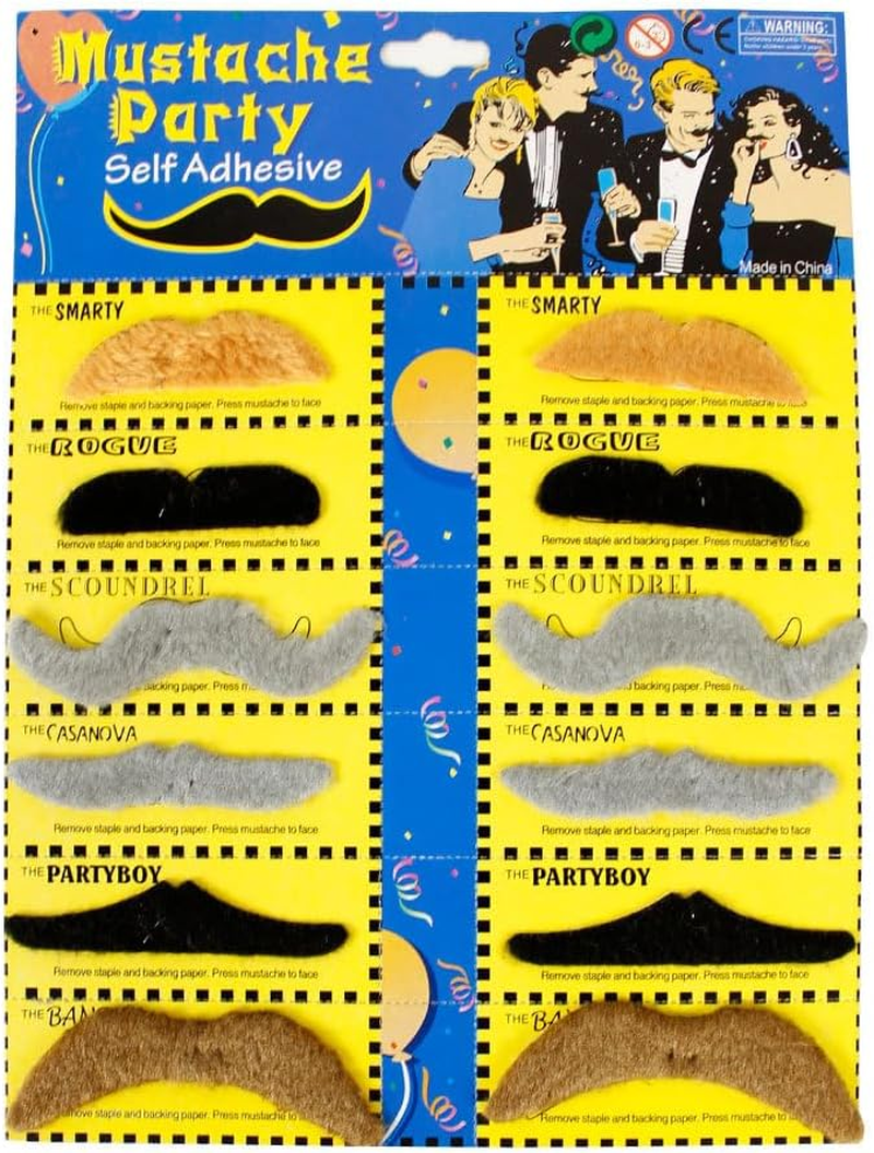 12Pcs Fake Mustache Realistic Fake Black Beards Moustache Black Brown Mustaches Self Adhesive Kids Adult Halloween Costume 70S 80S Party Favor