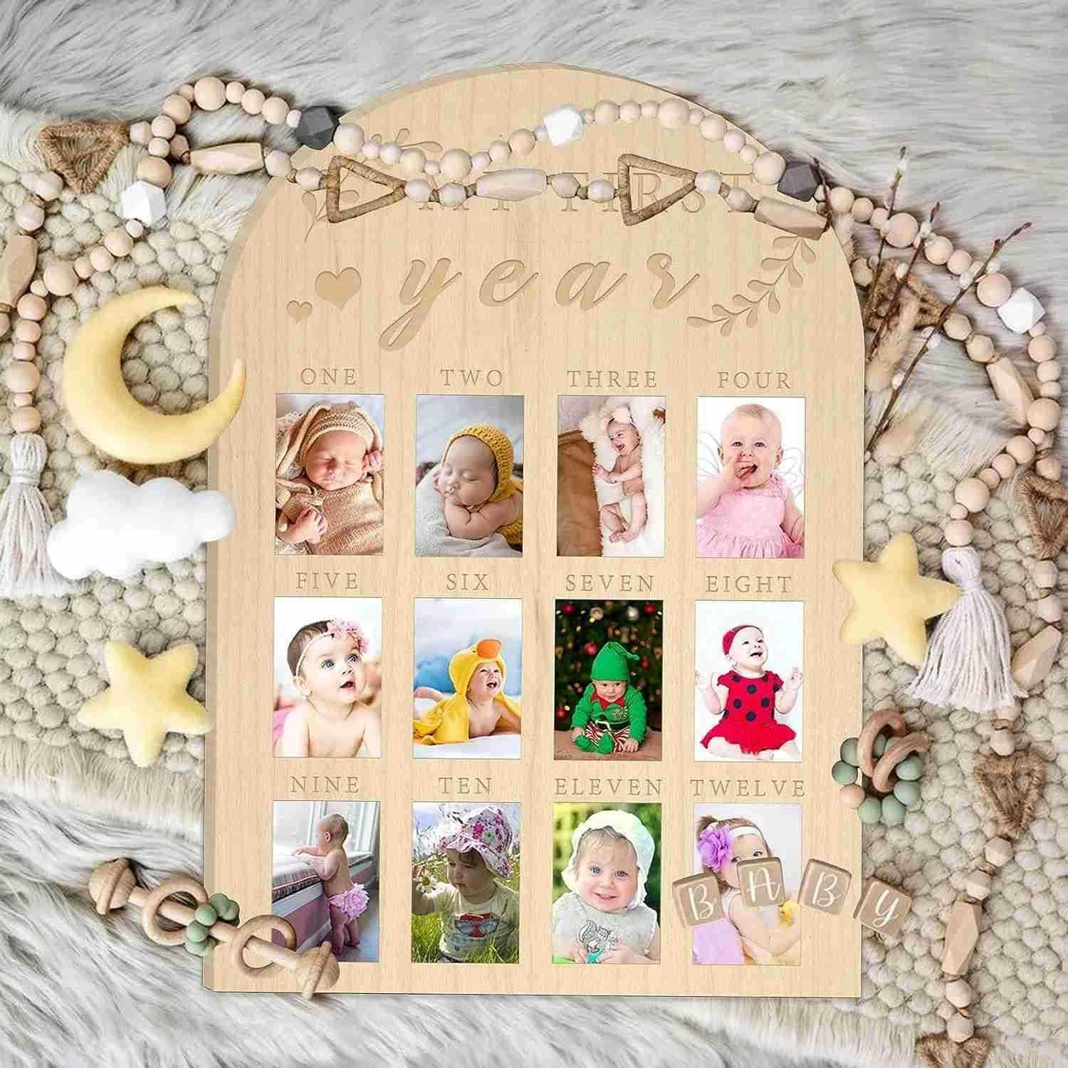 My First Year Photo Display Wood Board Baby'S First Year Photo Frame Milestone Board 12 Months Baby Picture Frame 1St Birthday Nursery Decorations for Boy Girl Baby Keepsake for Mom image number 5
