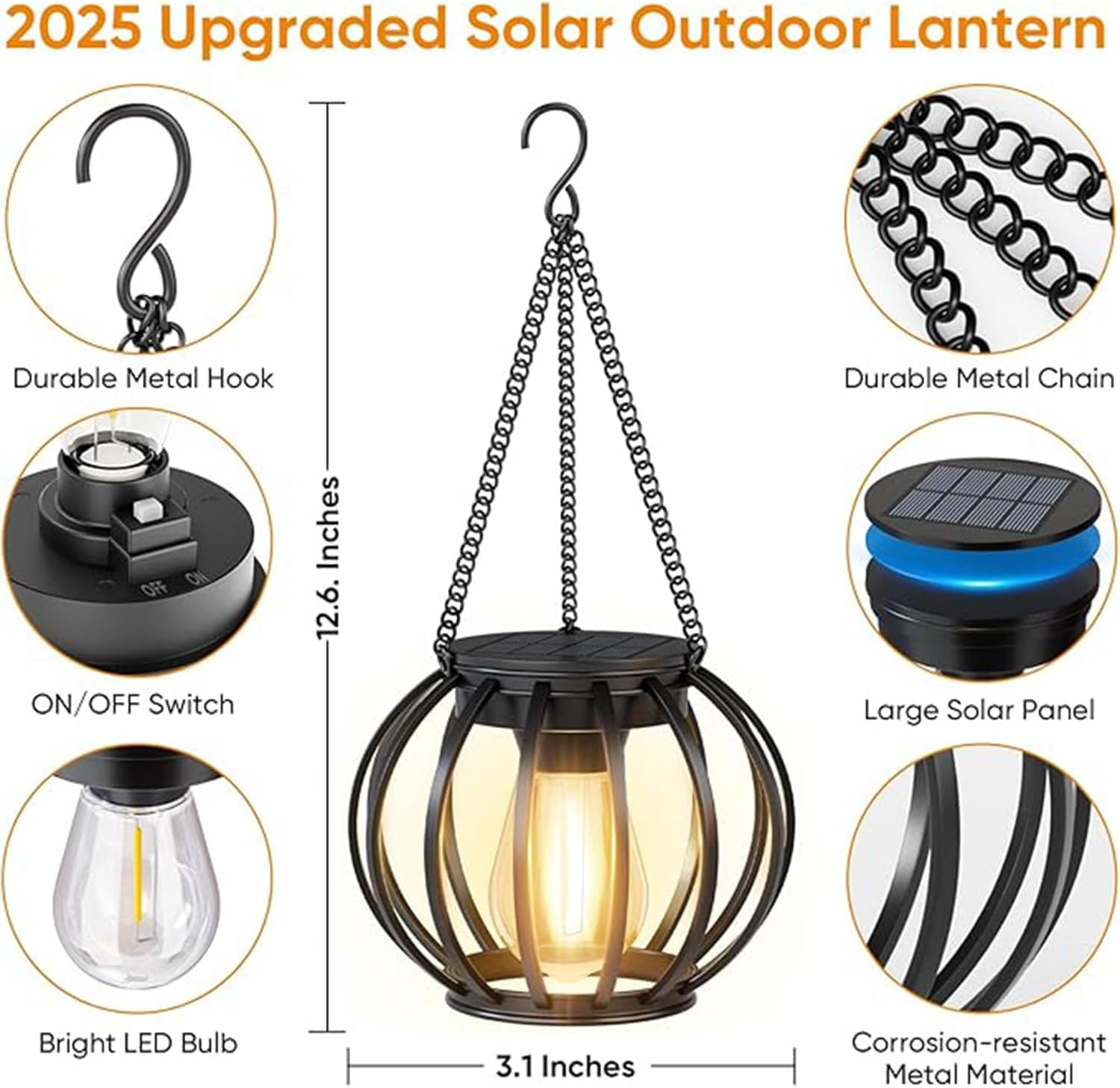Pack of 2 Solar Lights for Outdoor Hanging, Retro LED Solar Lanterns, Solar Lights, Garden Decoration, Waterproof Metal Hanging Solar Lights, Solar Lanterns for Outdoor Use for Patio, Lawn, Balcony image number 5