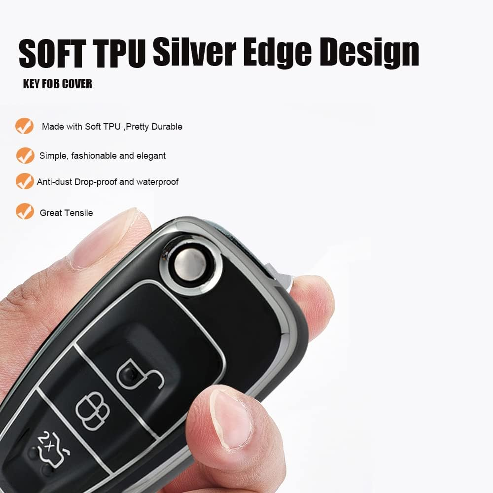 HIBEYO Flip 3 Button Key Fob Cover Compatible with Ford Focus 3 4 MK3 New Fiesta Mondeo Kuga Escape Ecosport Transit - Leather Keychain Black image number 4