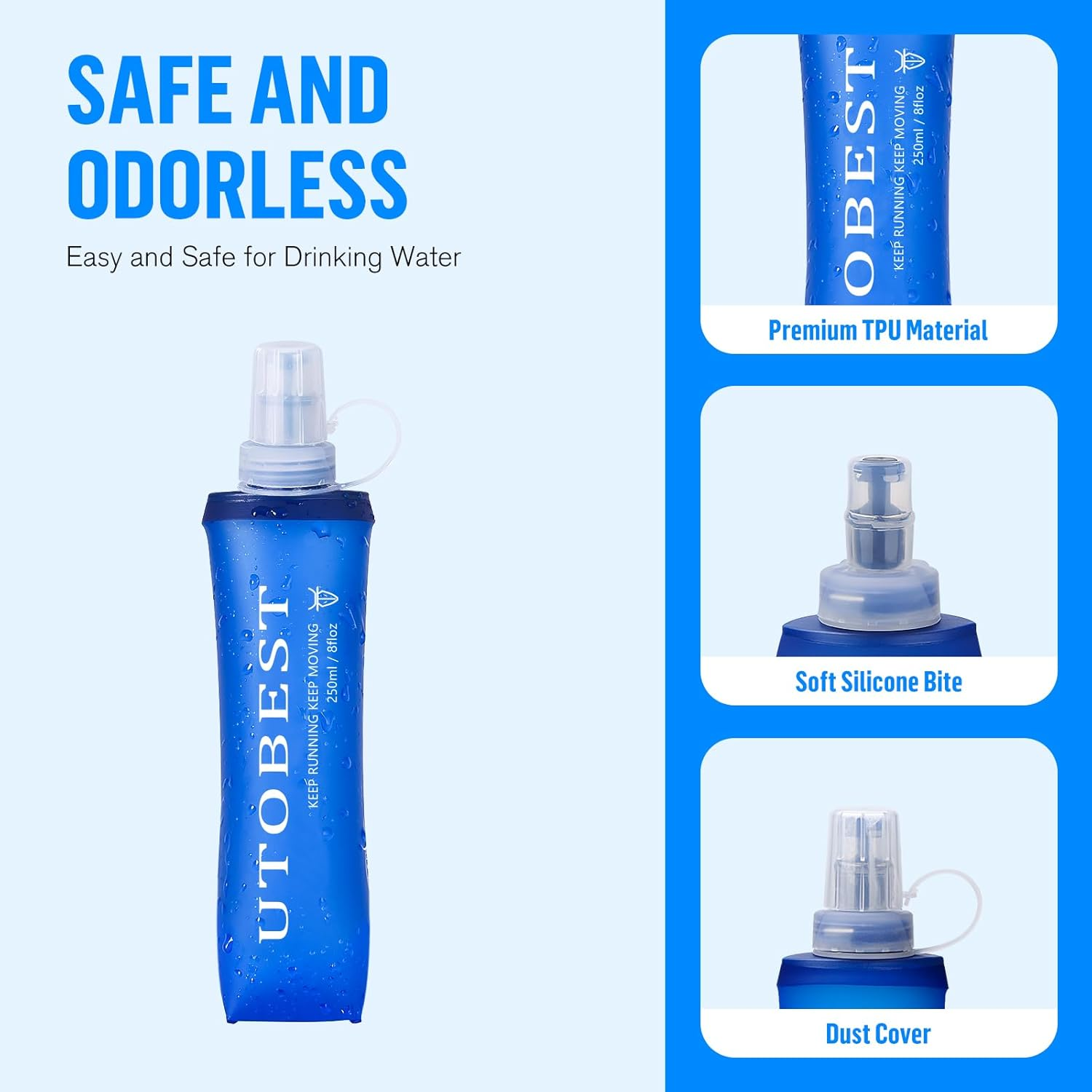 UTOBEST Soft Flask, 2 Pack Soft Flask Running Bottles 250Ml,Tpu Foldable Running Flask, Portable Collapsible Flask Handheld for Travel Traveling Hiking Cycling City Walk image number 3