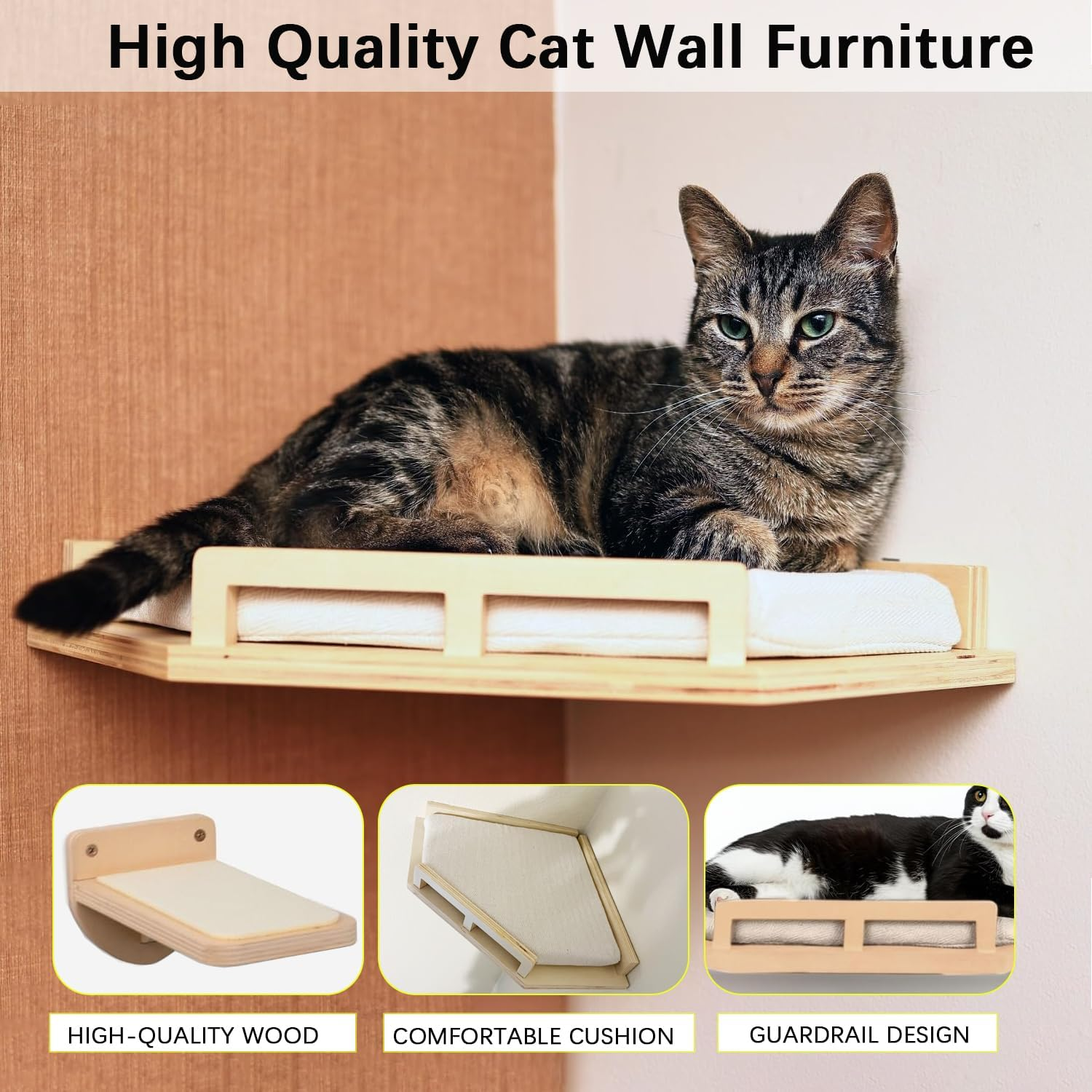 Cat Wall Shelves - Contemporary & Sturdy 3-Tier Wall-Mounted Cat Furniture with Cozy Perch - Space-Saving Birch Floating Shelves for Pets up to 15Lbs - Premium Natural Wood Design image number 4