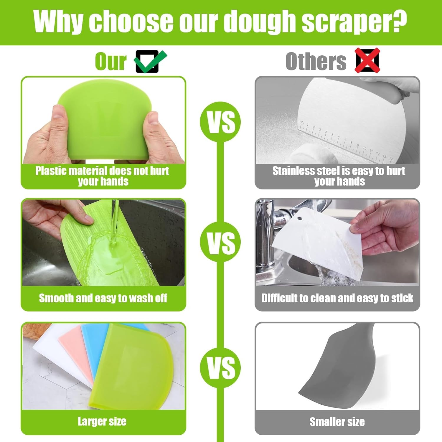 Dough Scraper, 4 Pcs Plastic Dough Cutter Bench Scraper, Multipurpose Food Scrappers for Cake Decorating Baking (Pink, Green, White, Orange) image number 5