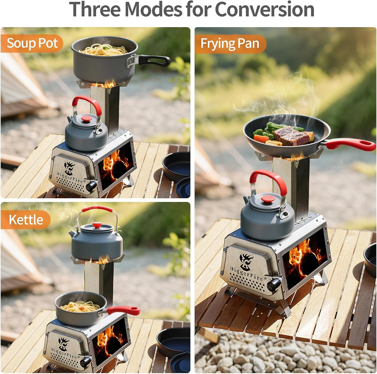 Biggerfire Rocket Stove Stainless Steel Countertop Mini Wood Stove Detachable Portable Wood Burning Stove with Chimney and Carrying Bag for Outdoor Cooking Coffee Making Warming Lighting Fire Watching image number 1