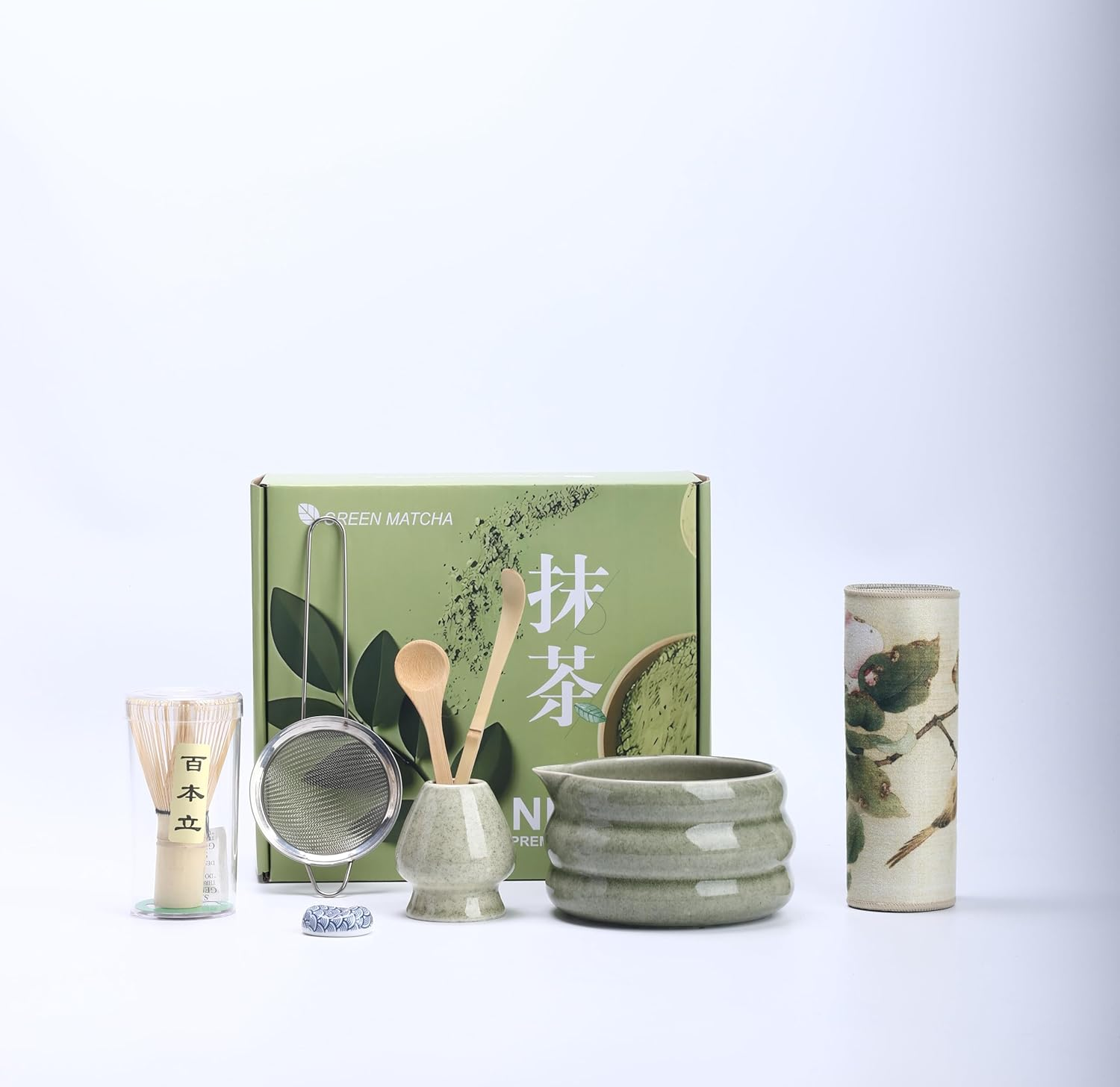 Matcha Whisk Set &ndash; 9 Pieces Including Gift Box &ndash; Traditional Japanese Matcha Kit with Whisk, Scoop, Bowl, Sifter, Holder, Scoop Rest, Cloth & Gift Box &ndash; Matcha Set for Authentic Green Tea Preparation image number 2