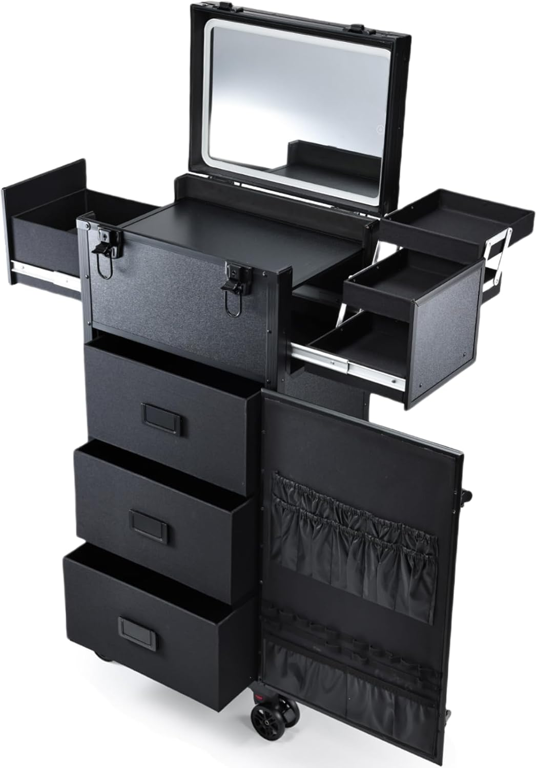 Rolling Makeup Case with LED Mirror, Cosmetology Case on Wheels with Lighted Mirror, Professional Salon Trolley Cart with 3 Drawers,Travel Makeup Lockable Beauty Organizer with Live Stream Light