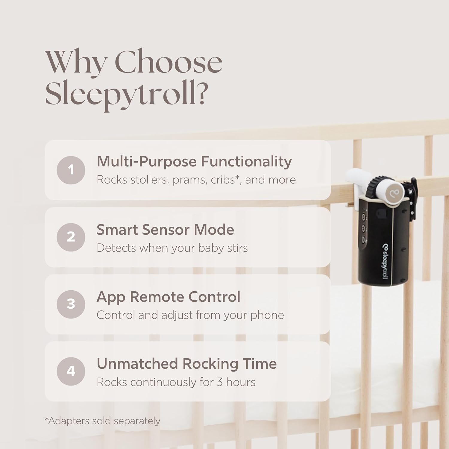 Sleepytroll Baby Rocker Gen2 | Rechargeable Rocker with Motion & Sound Sensors, App Control, 3-Hour Rocking, 12H Battery Life, CE & FCC Certified, Water-Resistant, Scandinavian Design image number 5