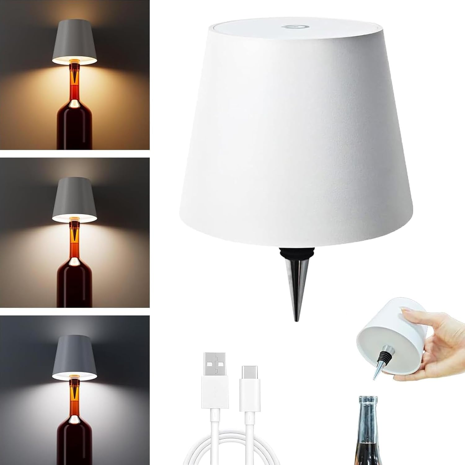 Wireless Bottle Lamp 2000Mah, Touch Table Light with 3 Color Stepless Dimming, Rechargeable Atmosphere Touch Lamp for Bars, Cafes, Restaurants, Bedrooms, Outdoor Environments (White, 1Pcs) image number 2