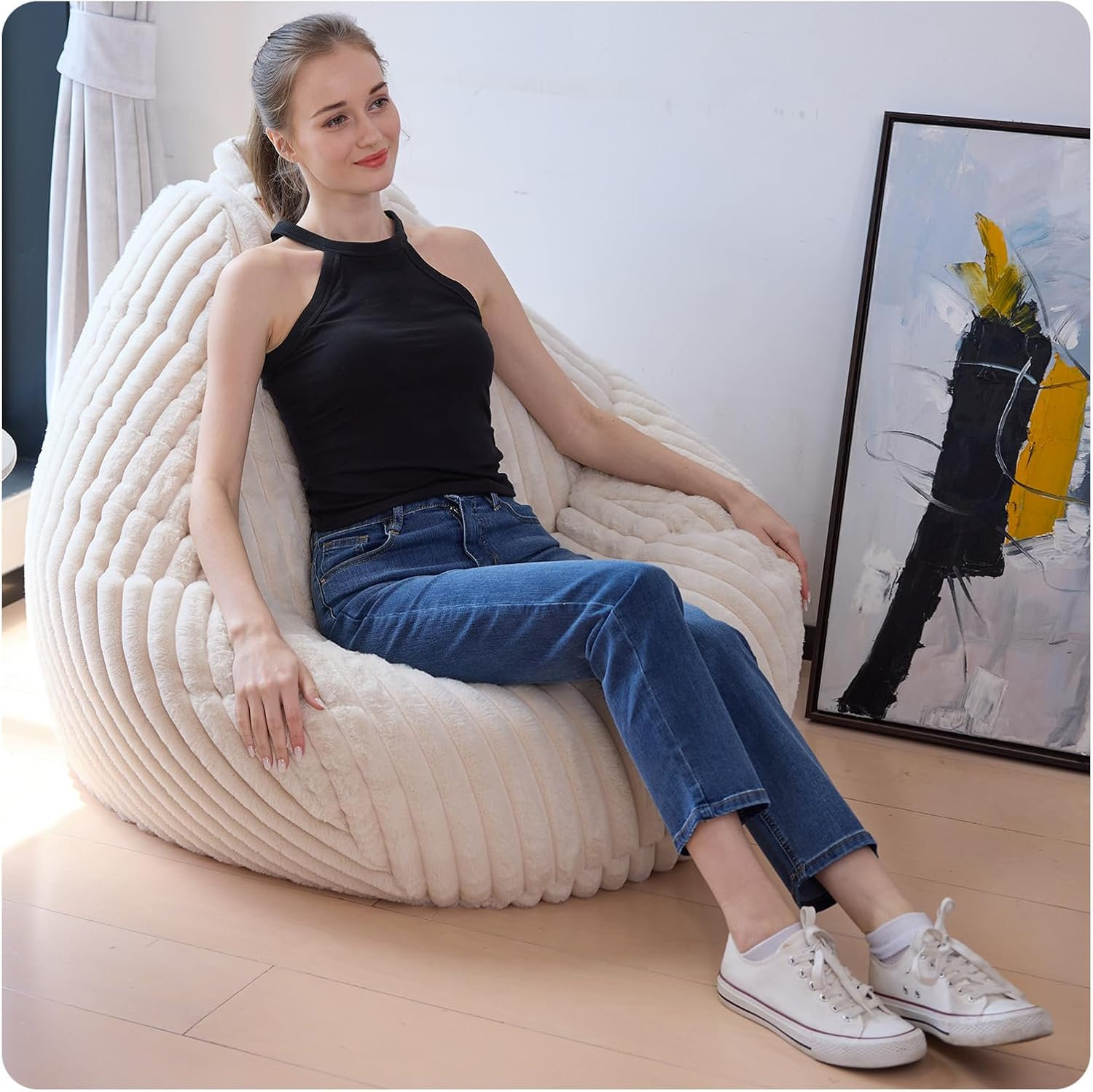 Mincomfywo Large Bean Bag Chair Cover (No Filler)- Stuffable Soft Beanbag Cover, Adults Lounge Gaming Lazy Sofa Bed for Living Room Bedroom (XL, Beige)